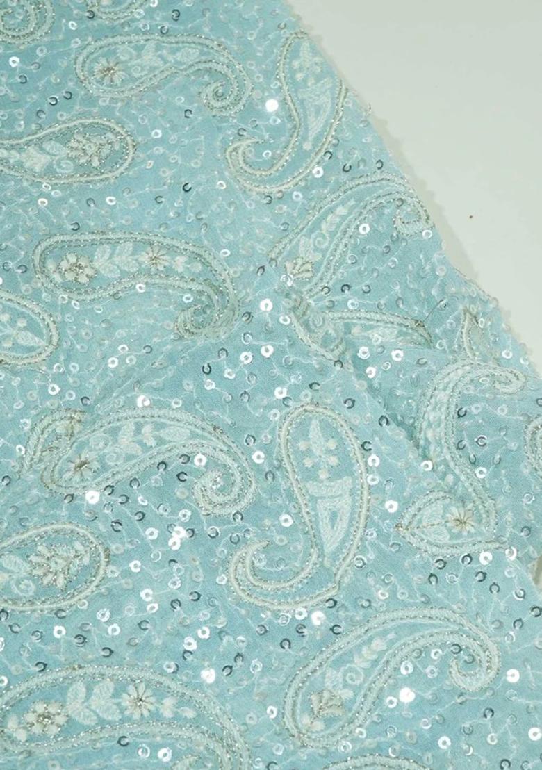 Sky Blue Sequin Embroidered Georgette Pre Draped Saree Set - Indya