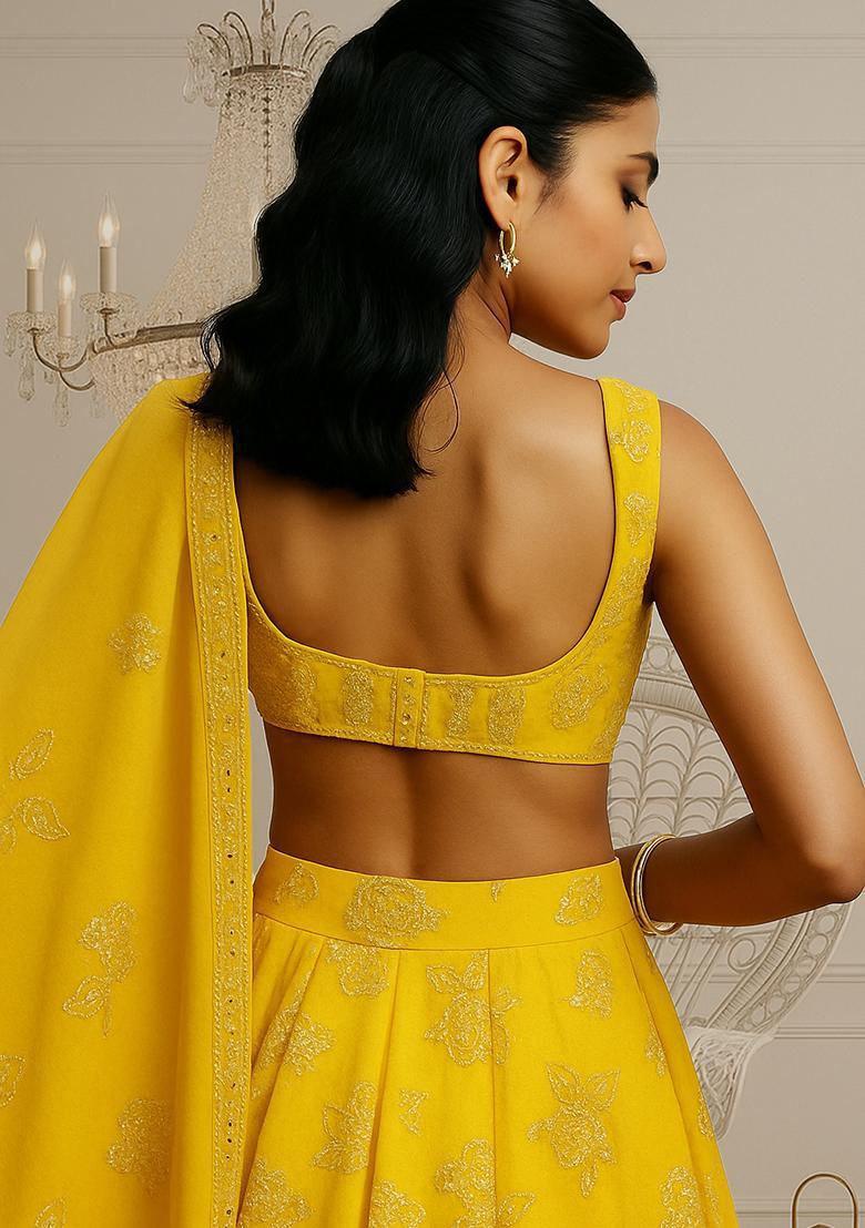 Yellow Chanderi Silk Blend Embroidered Lehenga Set - Indya