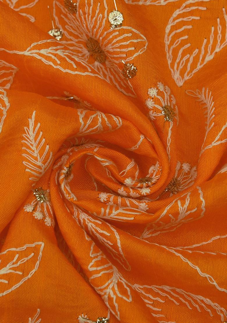 Orange Chanderi Silk Blend Embroidered Lehenga Set - Indya