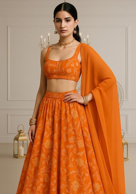 Orange Chanderi Silk Blend Embroidered Lehenga Set