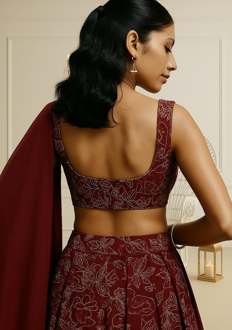 Maroon Dola Silk Blend Embroidered Lehenga Set - Indya