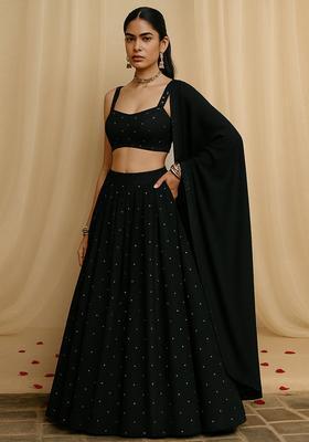 Black Silk Blend Embroidered Lehenga Set