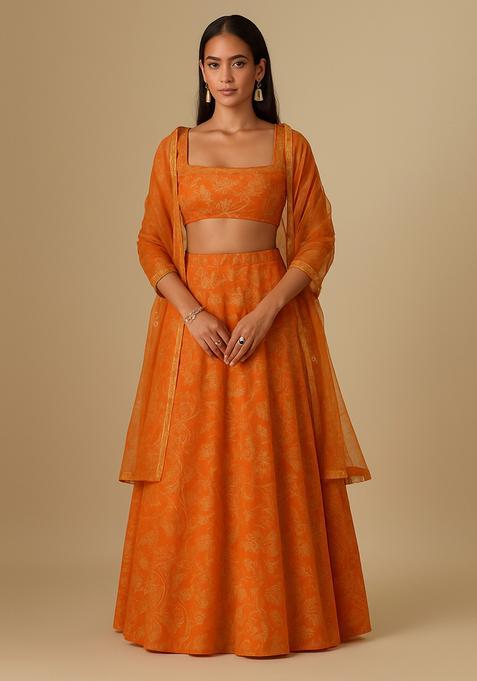 Saffron Orange Slub Silk Blend Embroidered Lehenga Set