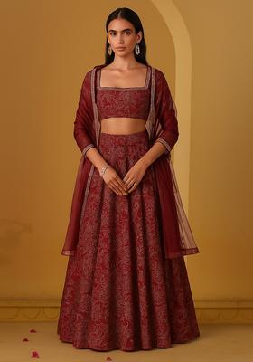 Blood Red Dola Silk Blend Embroidered Lehenga Set