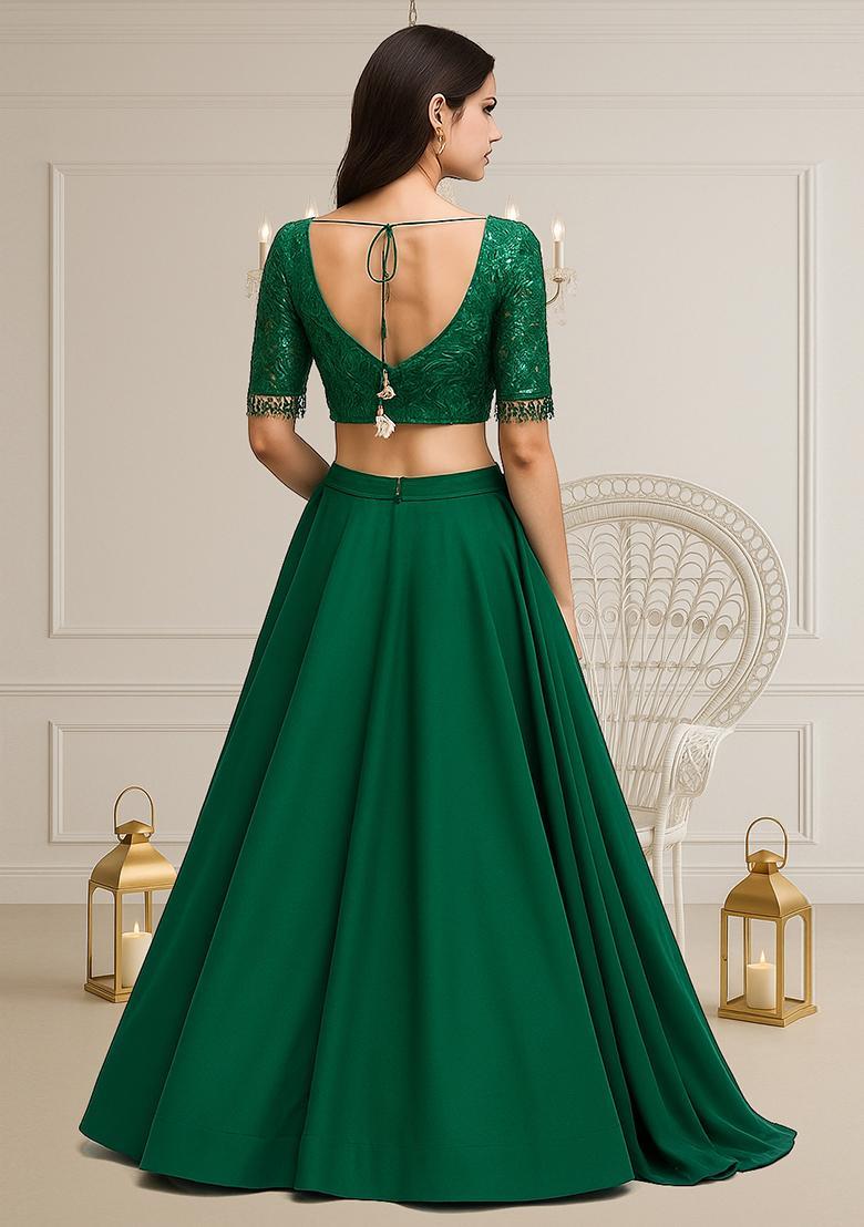 Dark Green Embroidered Blouse With Lehenga Set - Indya