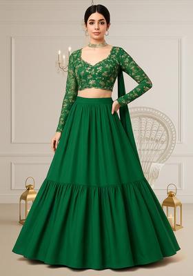 Green Embellished Blouse With Lehenga Set