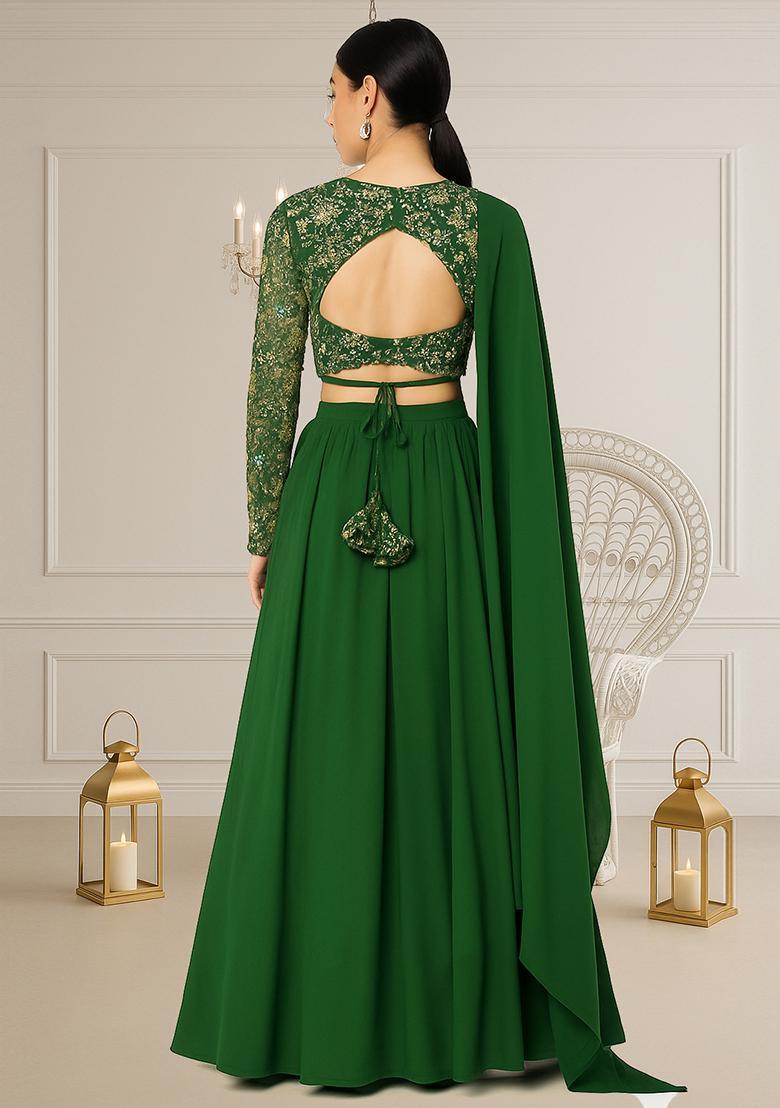 Green Embellished Blouse With Lehenga Set - Indya
