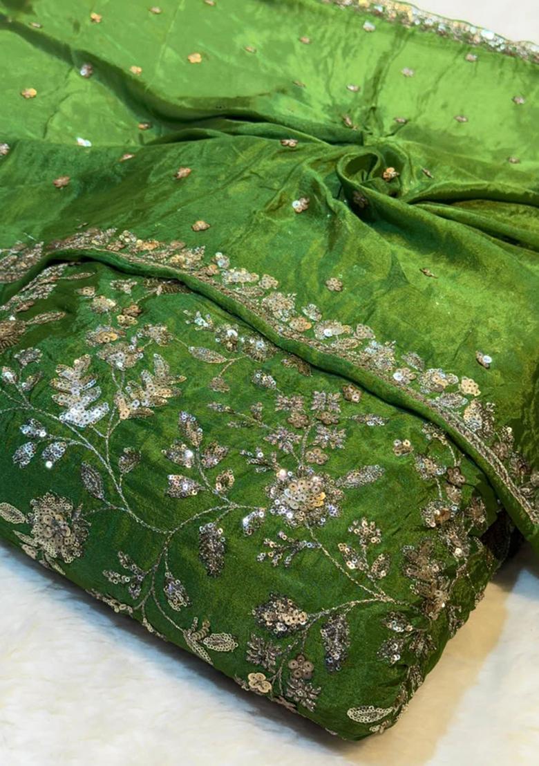 Green Embellished Blouse With Lehenga Set - Indya