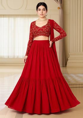 Red Embellished Blouse With Lehenga Set