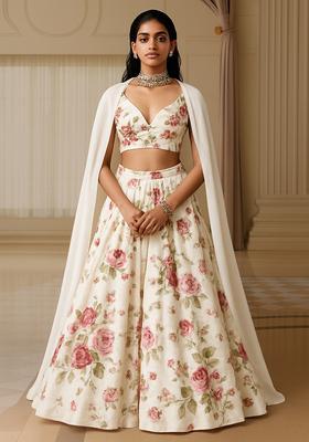 White Georgette Printed Lehenga Set
