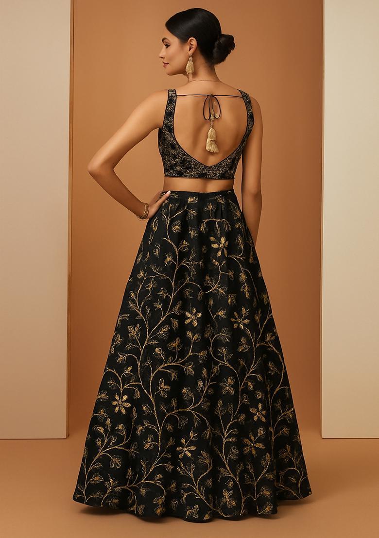 Black Georgette Embroidered Lehenga Set - Indya