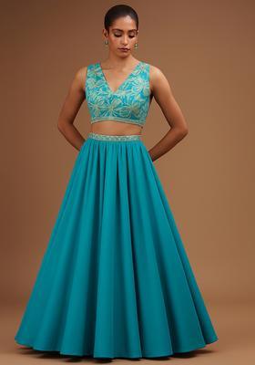 Sky Blue Embellished Blouse With Lehenga Set