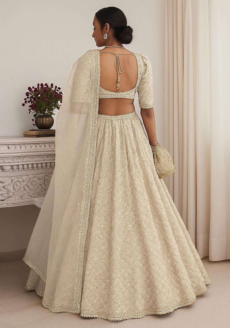 Beige Georgette&nbsp;Embroidered Lehenga Set - Indya
