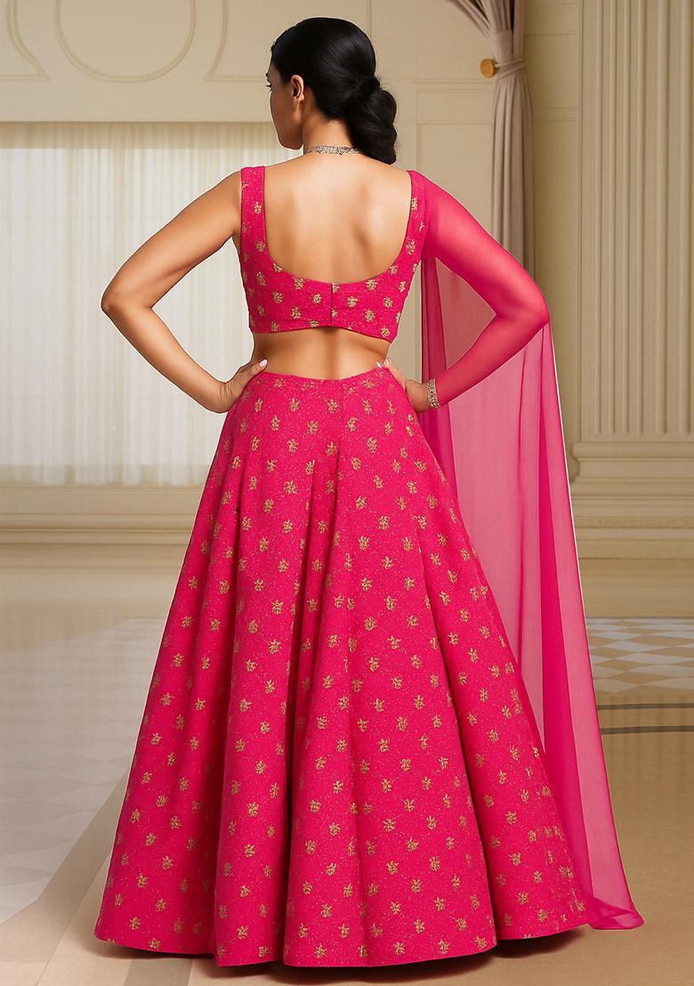 Pink Embroidered Blouse With Lehenga Set - Indya
