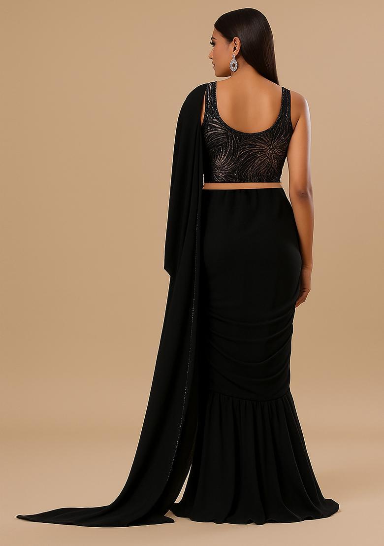 Black Embellished Blouse With Pre Draped Saree Set - Indya