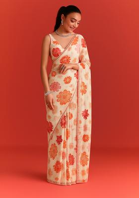 White Organza Printed Pre Draped Saree Set