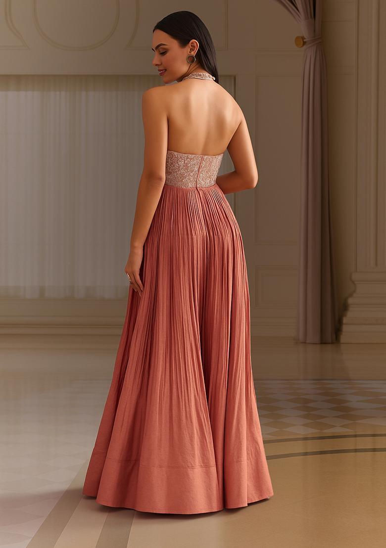 Dusty Rose Embroidered Net Gown Set - Indya