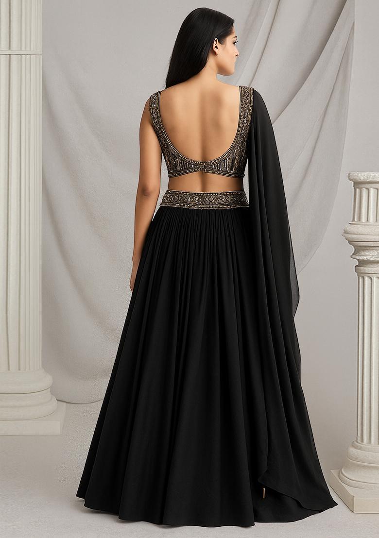 Black Embroidered&nbsp; Georgette Lehenga Set - Indya