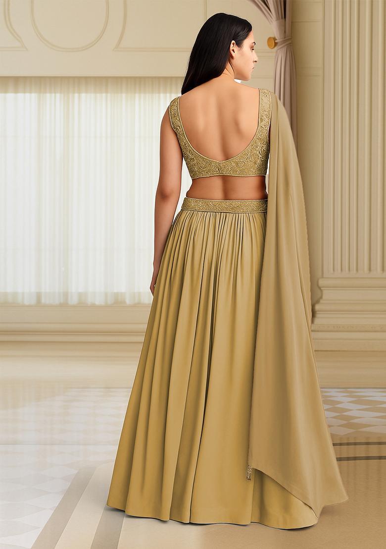 Gold Embroidered&nbsp; Georgette Lehenga Set - Indya