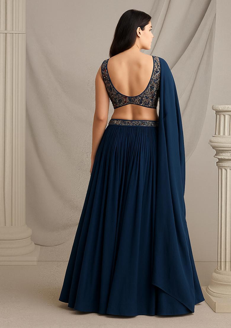 Dark Blue Embroidered&nbsp; Georgette Lehenga Set - Indya