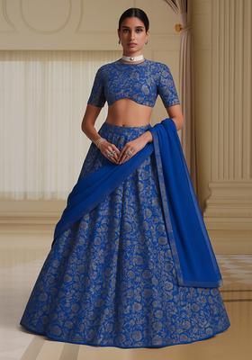 Blue Jacquard Brocade Lehenga Set