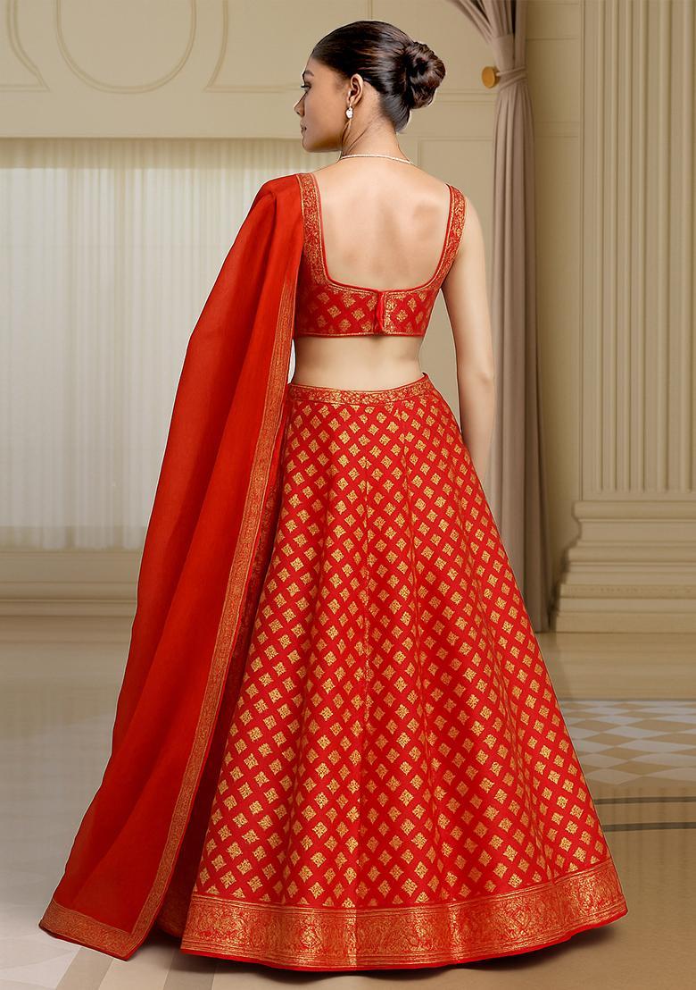 Orange Embroidered&nbsp; Brocade Lehenga Set - Indya