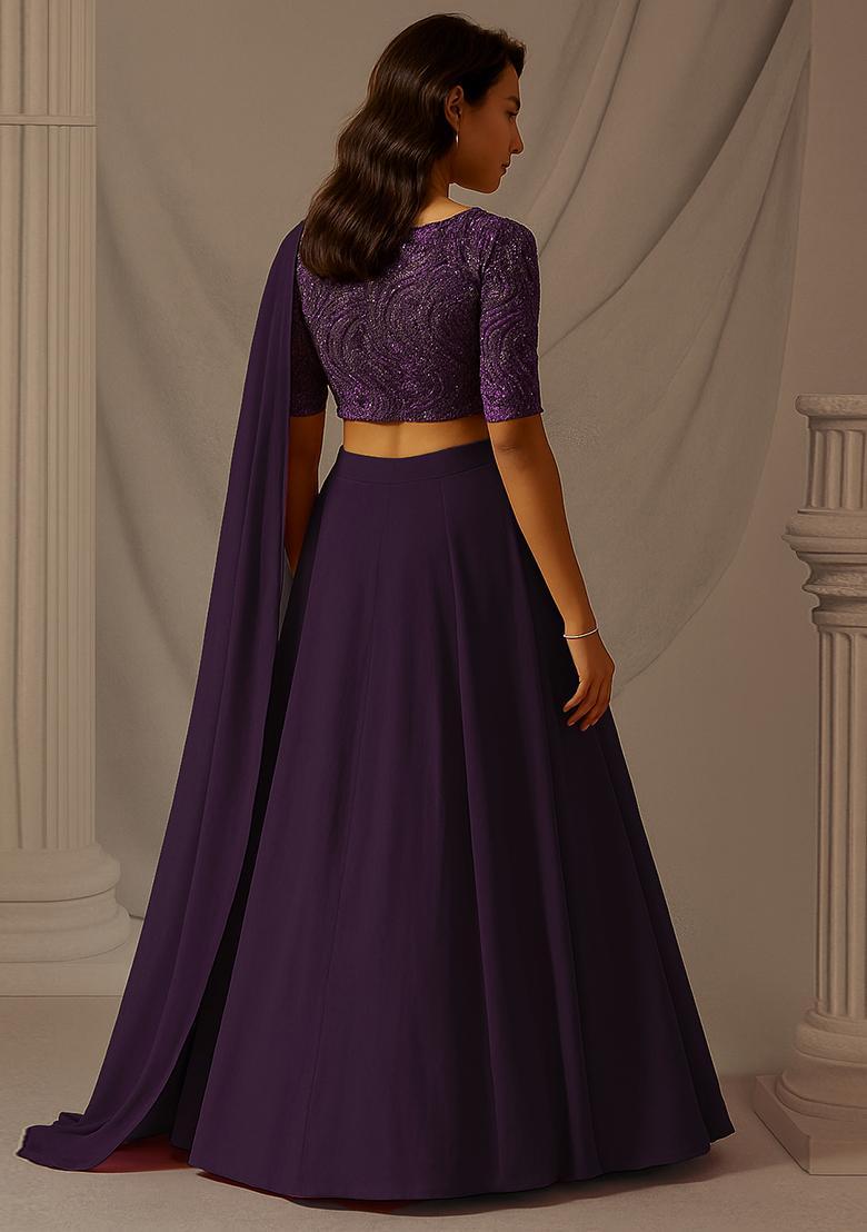 Purple Sequin Embroidered Chinnon Lehenga Set - Indya
