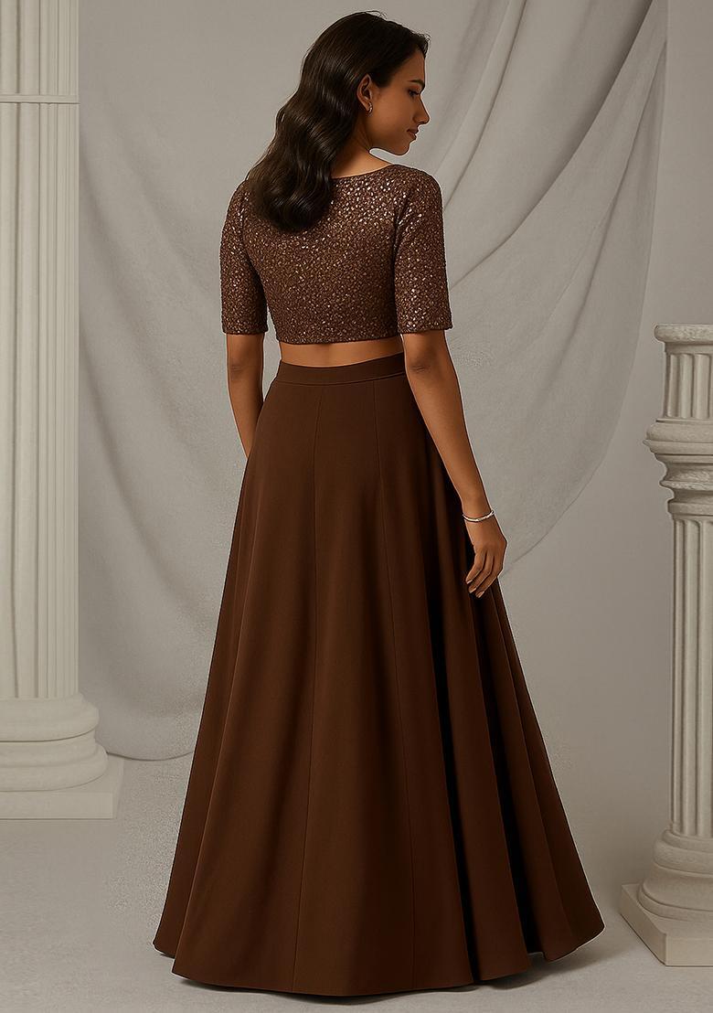Brown Hand Work Chinnon Lehenga Set - Indya