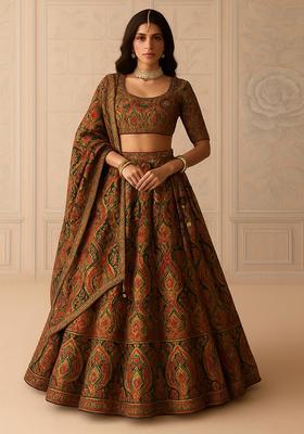 Deep Green Printed Brocade Lehenga Set