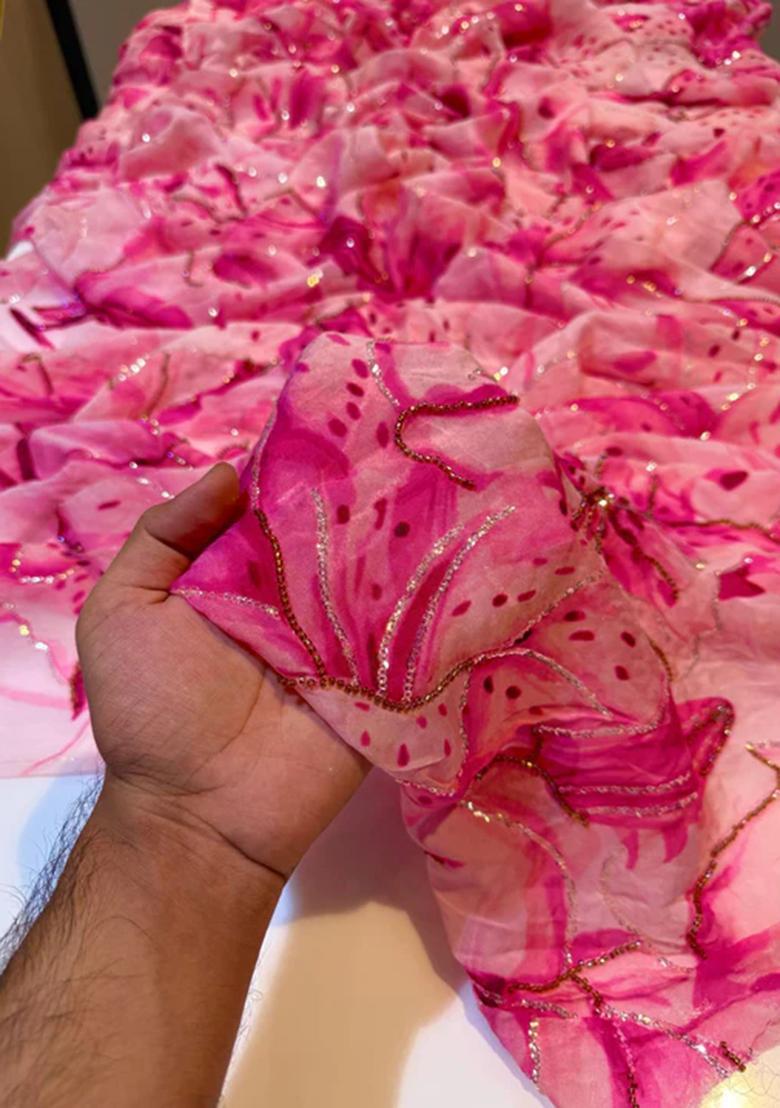 Pink Embroidered Organza Lehenga Set - Indya