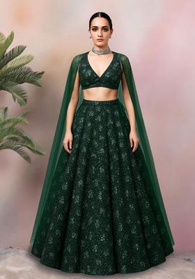 Bottle Green Embroidered Net Lehenga Set
