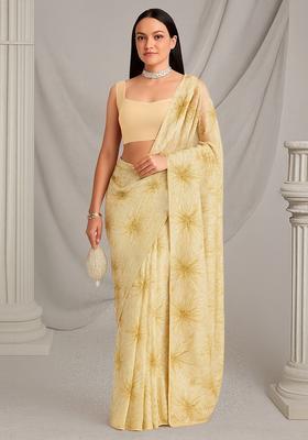 Off White Embroidered Net Pre Draped Saree Set