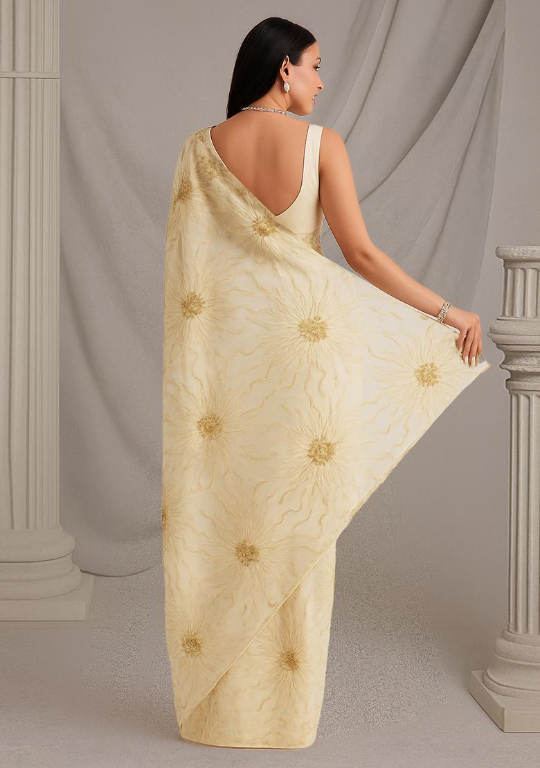 Off White Embroidered Net Pre Draped Saree Set - Indya