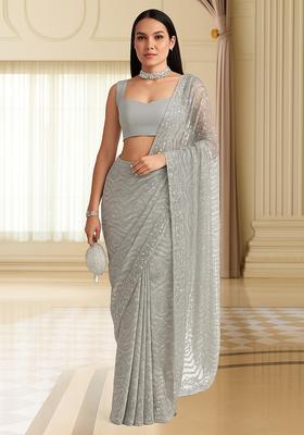 Grey Sequin Embroidered Net Pre Draped Saree Set