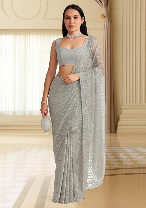 Grey Sequin Embroidered Net Pre Draped Saree Set