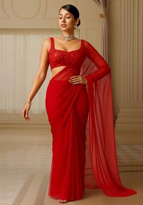 Red Sequin Embroidered Georgette Pre Draped Saree Set