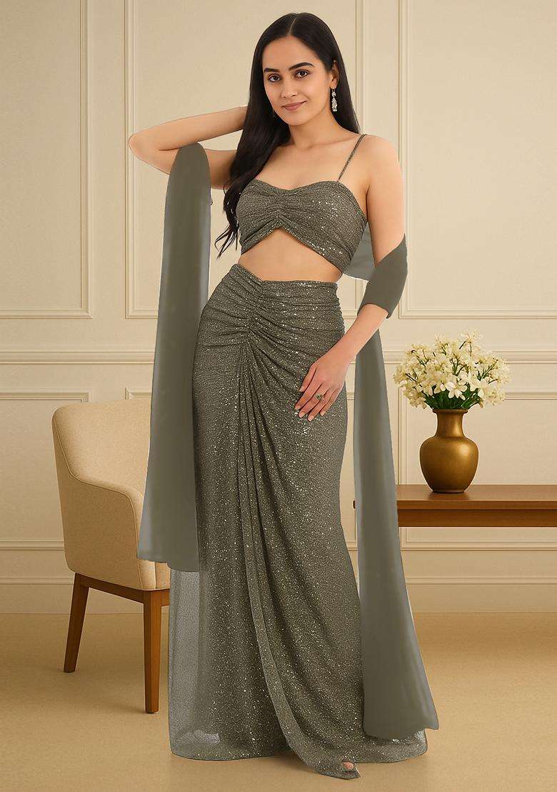 Grey Sequin Embellished Net Fusion Set - Indya
