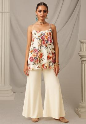 Off White Floral Print Rayon Sharara Set