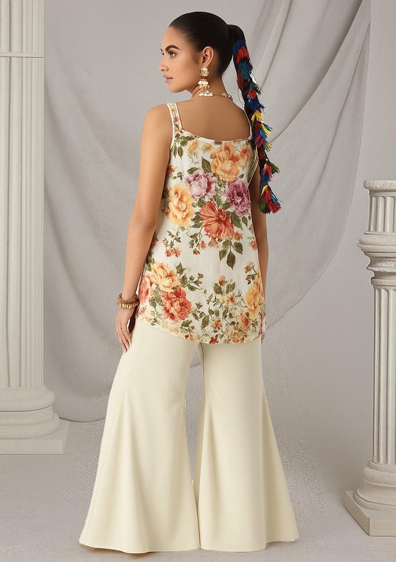 Off White Floral Print Rayon Sharara Set - Indya
