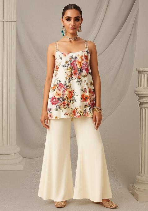 Off White Floral Print Rayon Sharara Set
