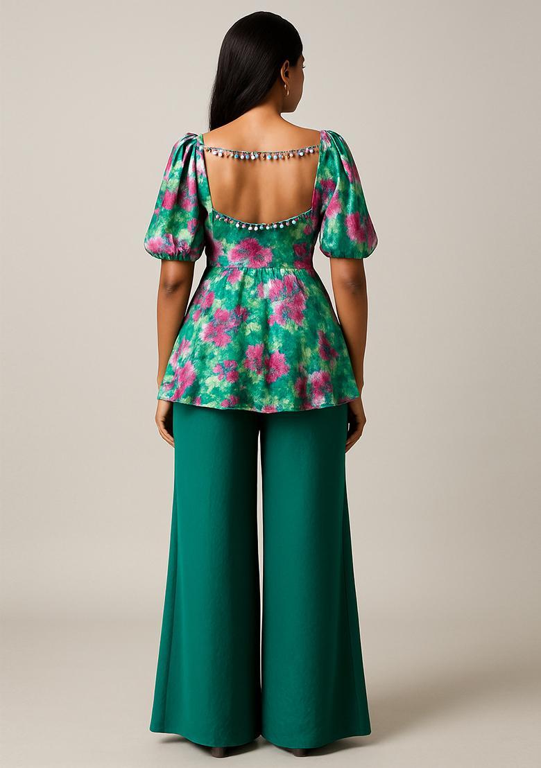 Green Floral Print Georgette Co Ord Set - Indya