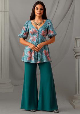 Ocean Blue Floral Print Georgette Sharara Set