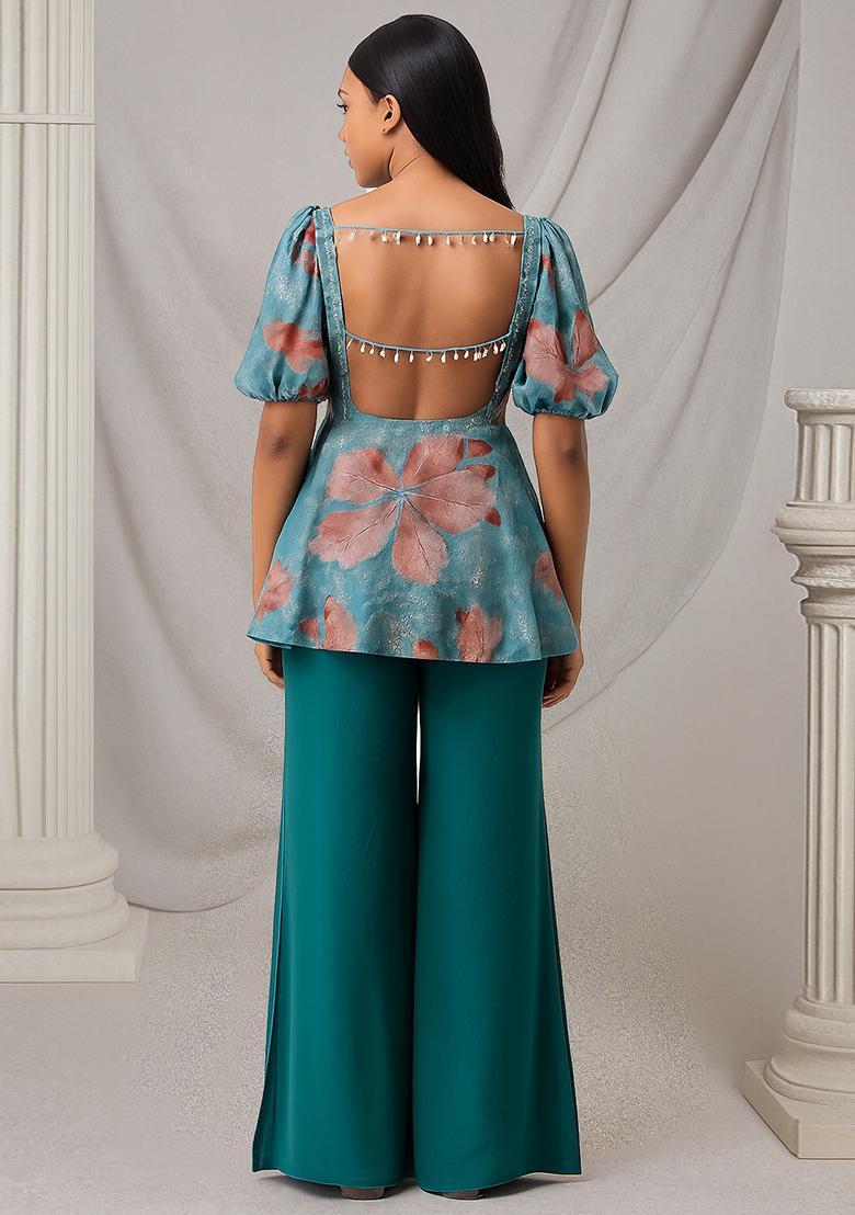 Ocean Blue Floral Print Georgette Sharara Set - Indya