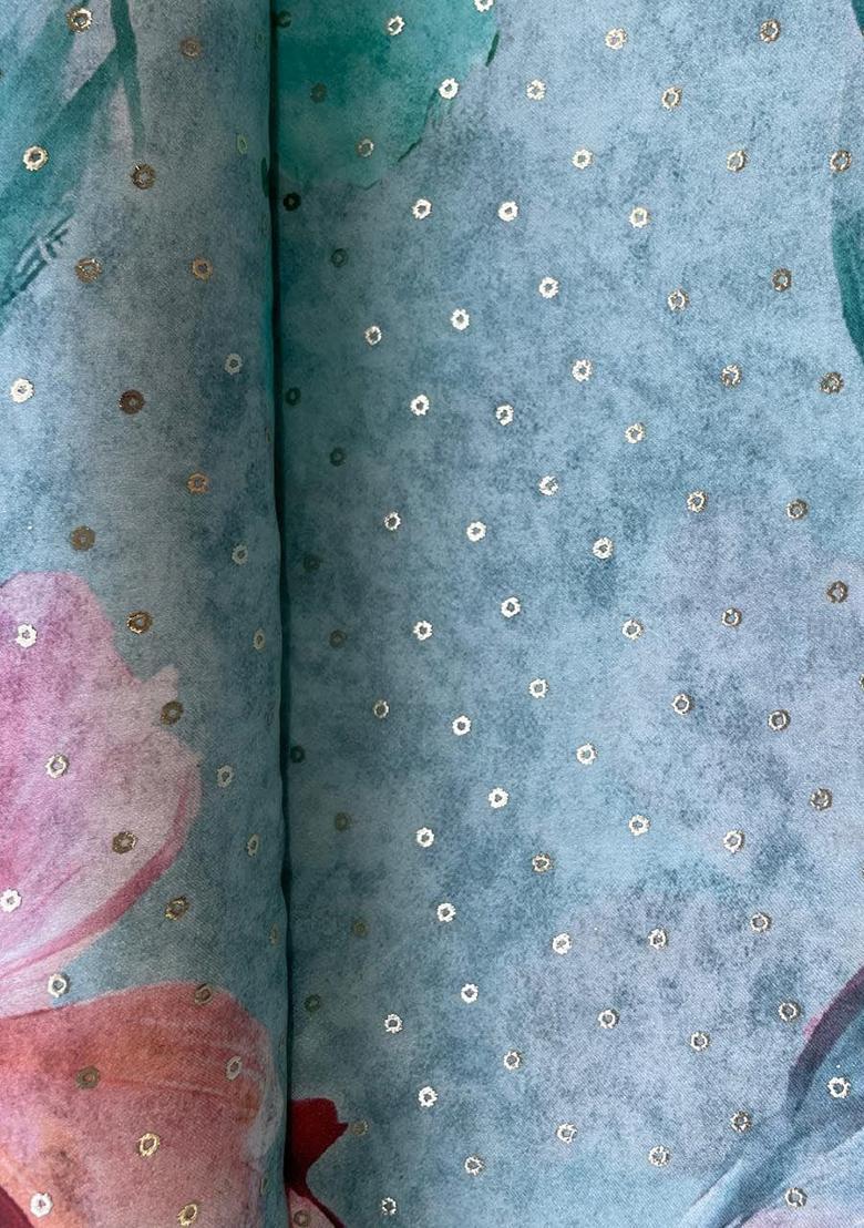 Ocean Blue Floral Print Georgette Sharara Set - Indya
