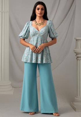 Sky Blue Floral Print Georgette Co Ord Set