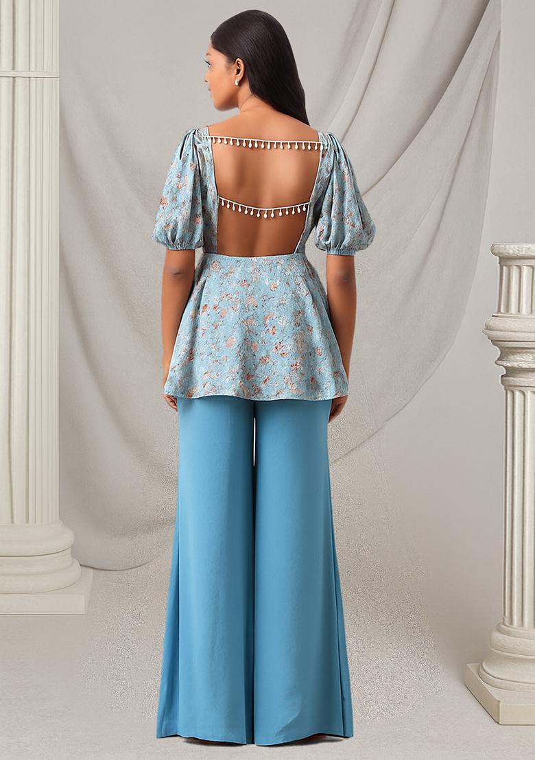Sky Blue Floral Print Georgette Co Ord Set - Indya