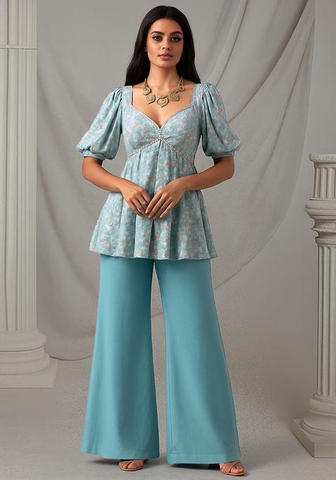 Sky Blue Floral Print Georgette Co Ord Set