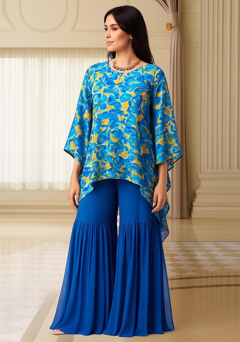Blue Floral Print Satin Sharara Set - Indya