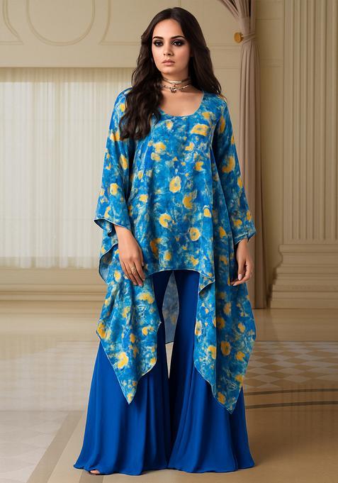 Blue Floral Print Satin Sharara Set