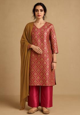 Magenta Pink Jacquard Jacquard Straight Kurta Set